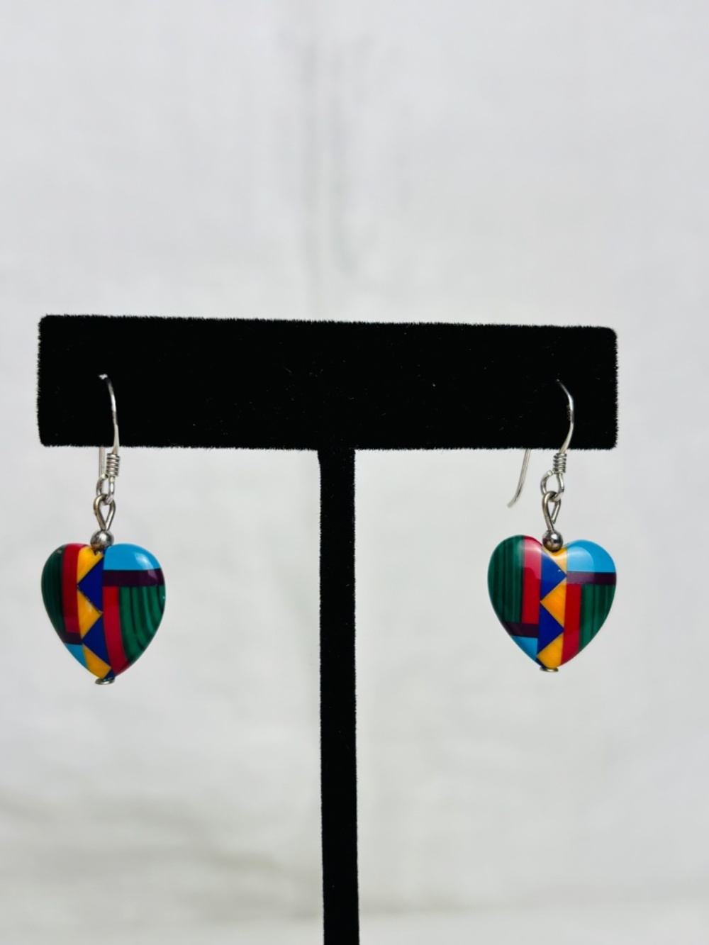 Vntg Southwestern-Style Multi-Stone Mosaic Inlay Heart Sterling Silver Earrings